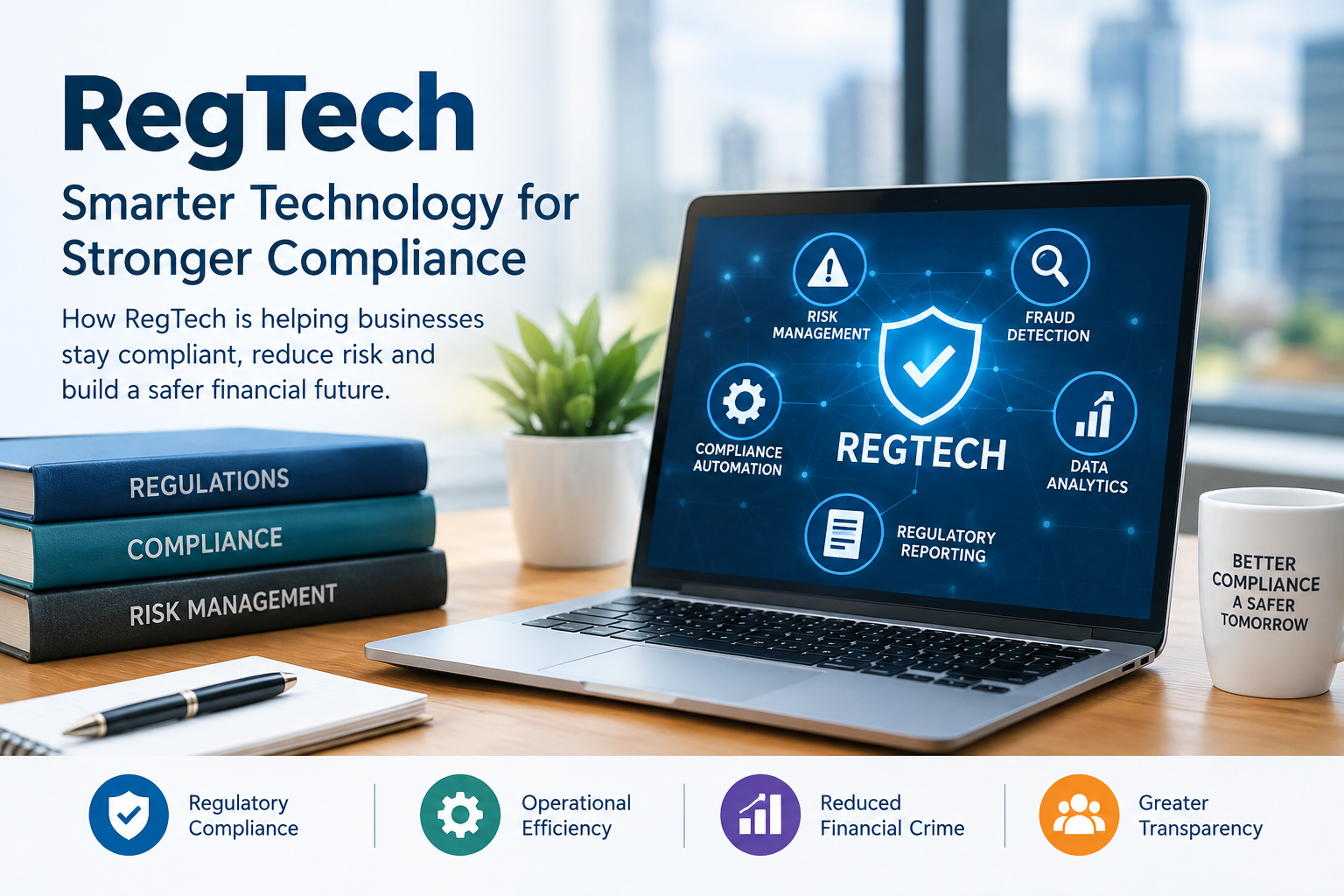 RegTech regulatory technology concept showing a compliance dashboard with risk management, fraud detection, data analytics, regulatory reporting, and compliance automation.